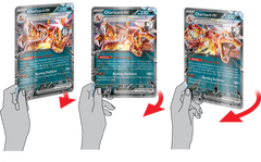 Hands showcasing three angles of Charizard EX card from Pokémon TCG, featuring Burning Darkness ability.