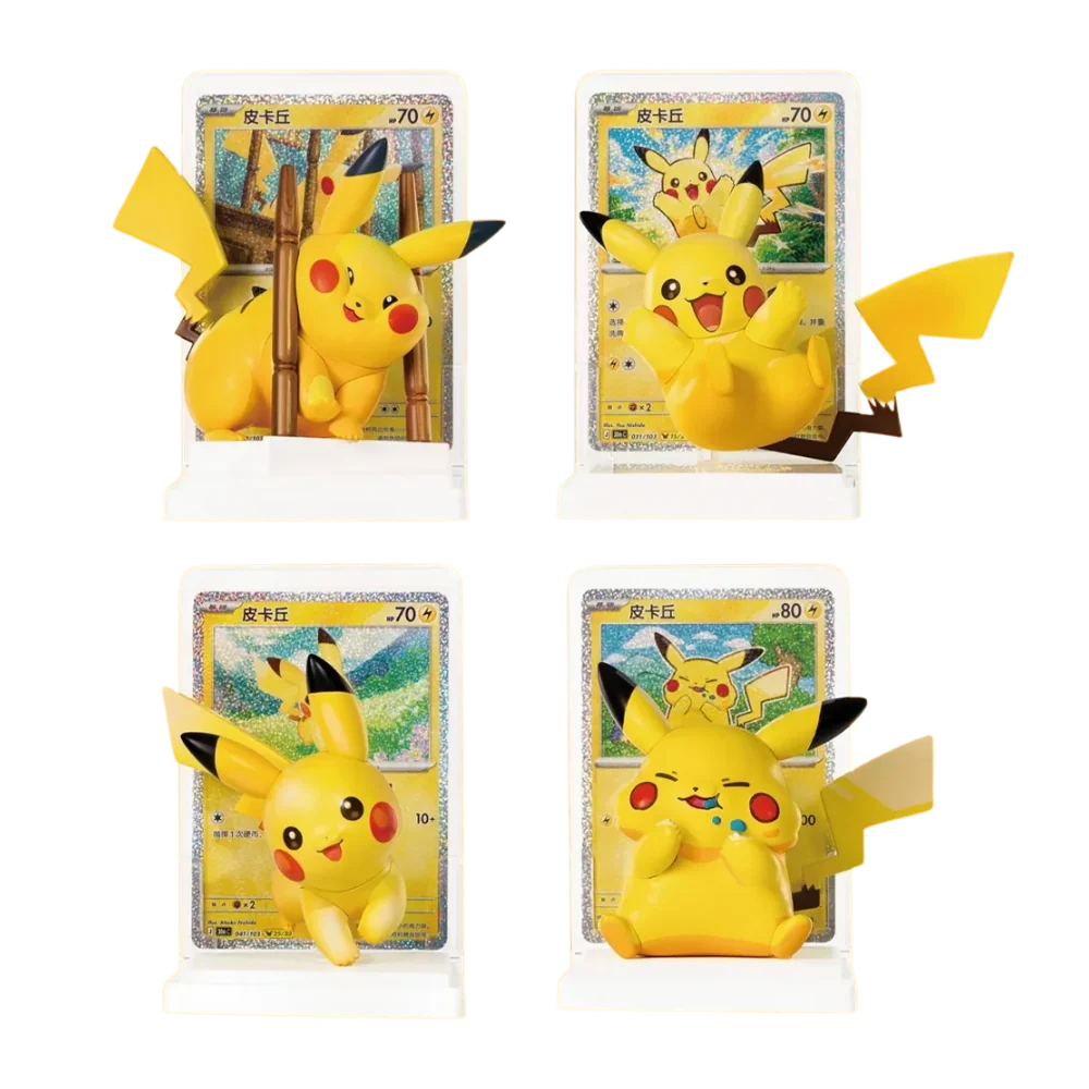 Collection of Pikachu figures with colorful trading cards in the background, showcasing their playful design.