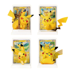 Collection of Pikachu figures with colorful trading cards in the background, showcasing their playful design.