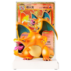 Charizard figurine with Pokémon card in the background, showcasing vibrant colors and detailed features.