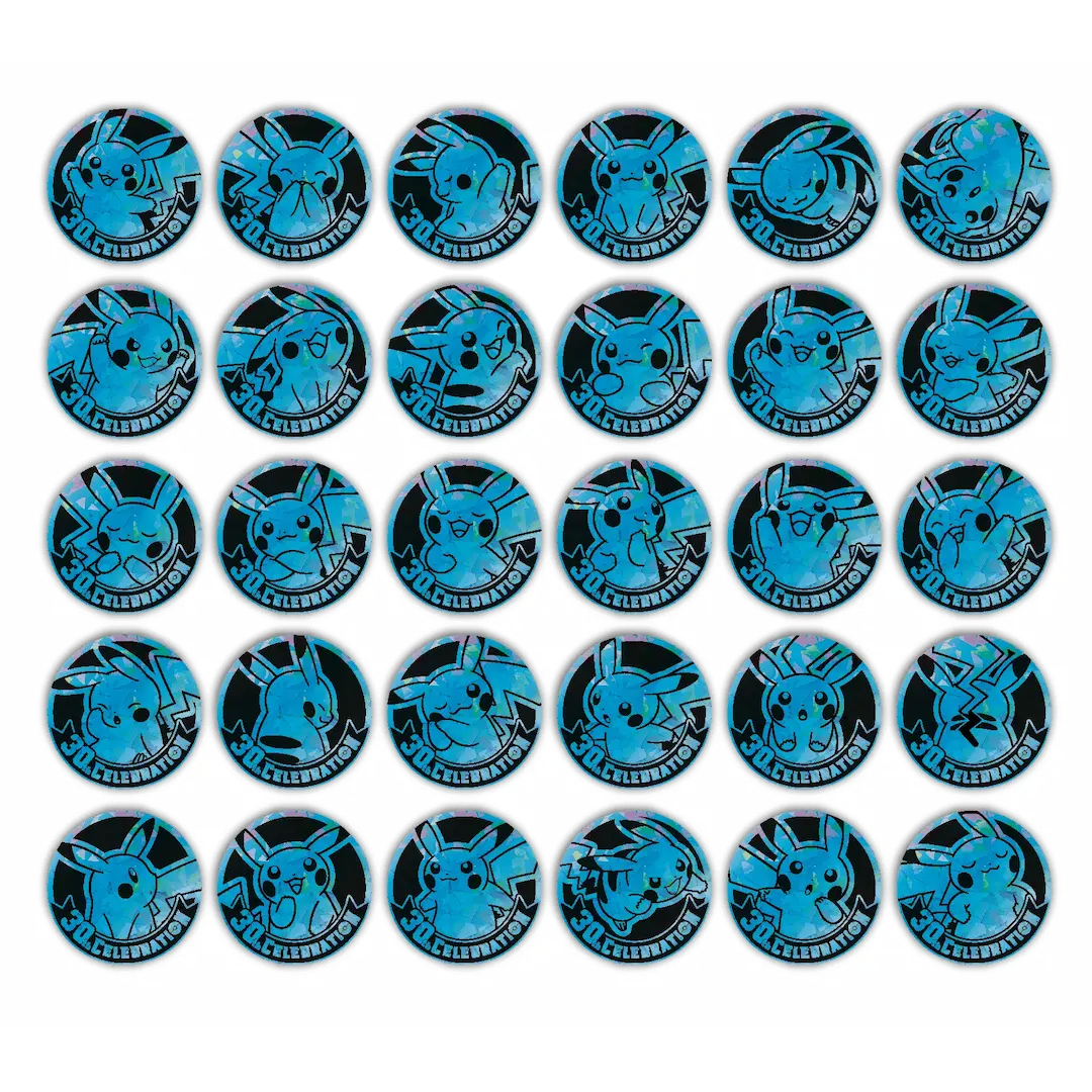 A collection of round blue Pokémon badges featuring various Pikachu illustrations in a grid layout.