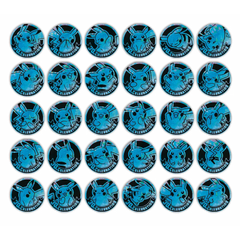 A collection of round blue Pokémon badges featuring various Pikachu illustrations in a grid layout.