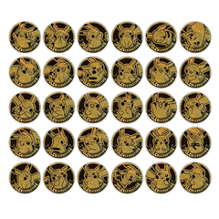 Collection of Pikachu-themed gold coins featuring various designs and expressions, arranged in a grid pattern.