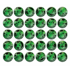 A grid of green Pokémon-themed tokens featuring various Pikachu designs in circular format.