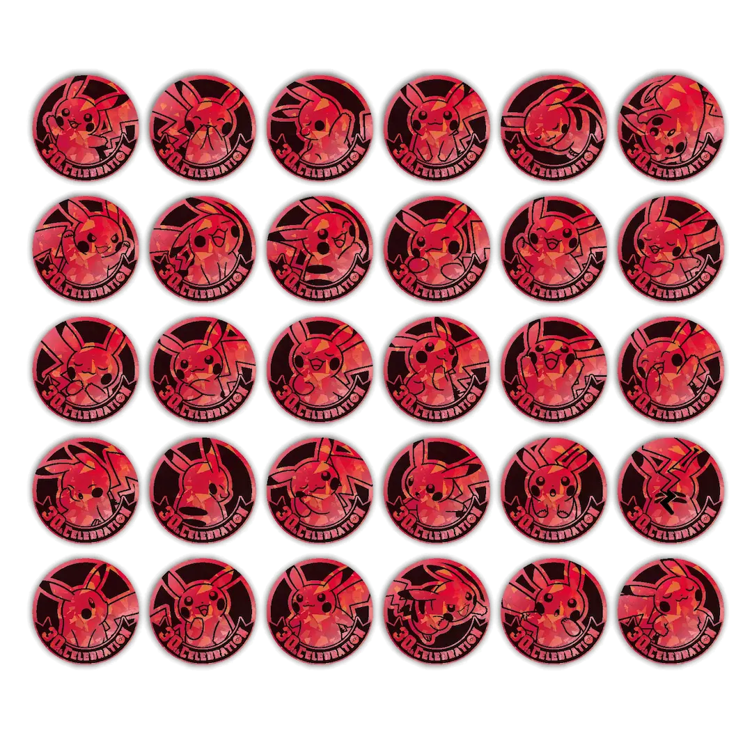 Collection of Pikachu-themed red tokens arranged in a grid pattern, showcasing various Pikachu expressions.