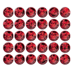 Collection of Pikachu-themed red tokens arranged in a grid pattern, showcasing various Pikachu expressions.