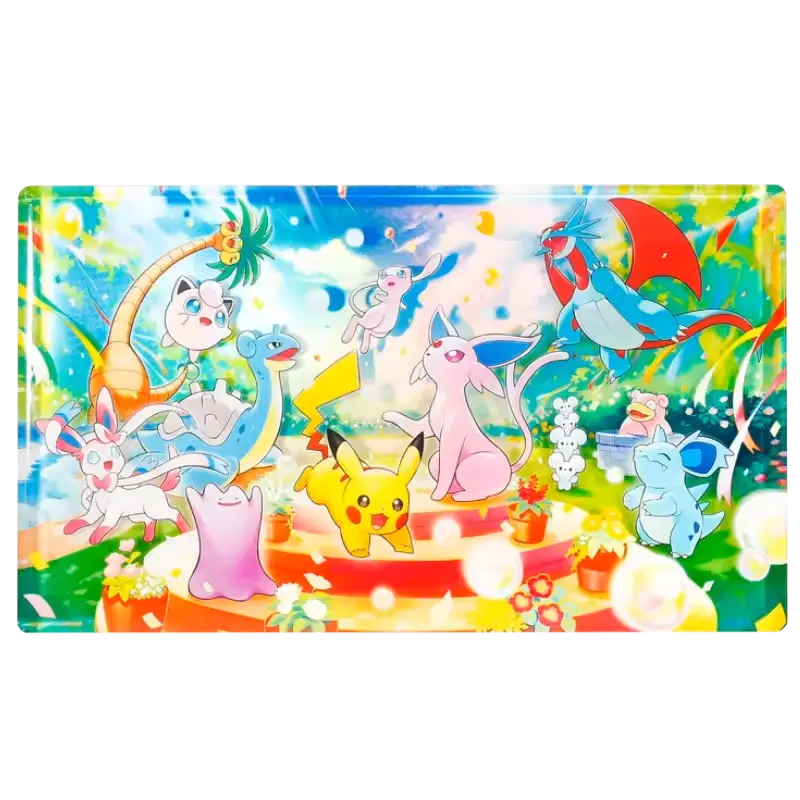 Colorful illustration of various Pokémon celebrating in a vibrant, festive landscape filled with flowers and bubbles.