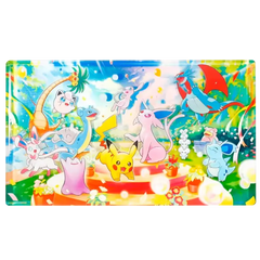 Colorful illustration of various Pokémon celebrating in a vibrant, festive landscape filled with flowers and bubbles.