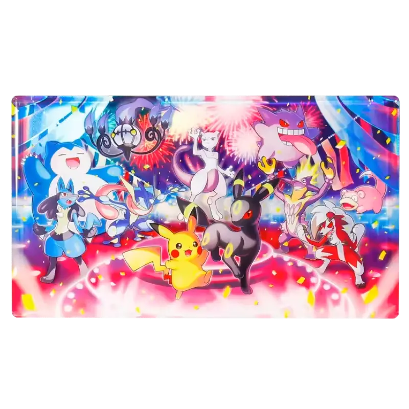 Colorful Pokémon celebration scene featuring Pikachu, Mewtwo, and other iconic characters amidst fireworks.