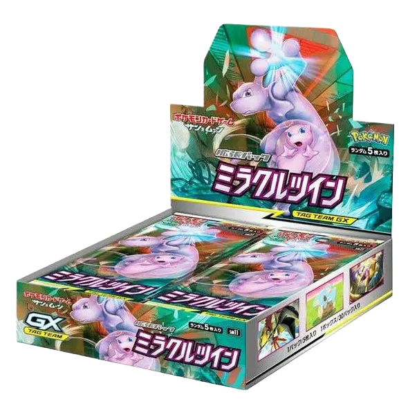 Miracle Twin Booster Box featuring Mew and Mewtwo, a popular Pokémon Trading Card Game expansion.
