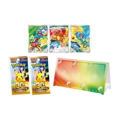 Collection of Pokémon cards and packs, featuring Pikachu for the 30th Anniversary celebration.