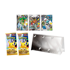 Collection of Pokémon cards, including special packs and a display case for card protection and presentation.