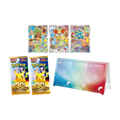 Pikachu-themed Pokémon trading card collection with sealed packs and a card holder display.