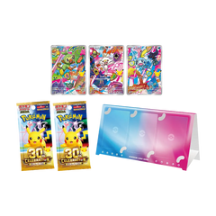 Collection of Pokémon cards and celebratory packs, featuring vibrant illustrations and a display stand.