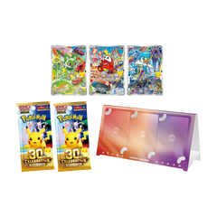 Pokémon trading cards displaying various characters with special 30th Celebration packs and a card holder.
