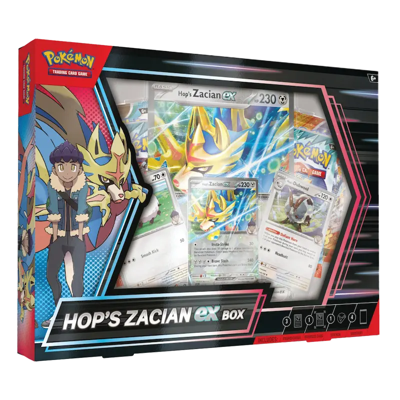 Hop’s Zacian ex Box featuring Hop, Zacian, and collectible Pokémon TCG cards, including promo and booster packs.