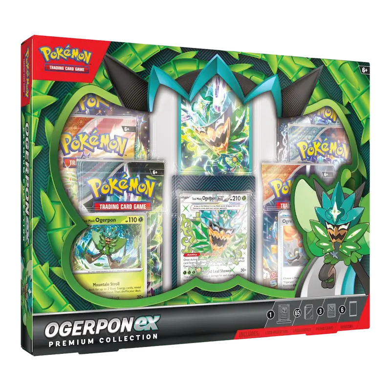 Pokémon TCG Ogerpon EX Collection with foil cards and booster packs in a colorful display box.